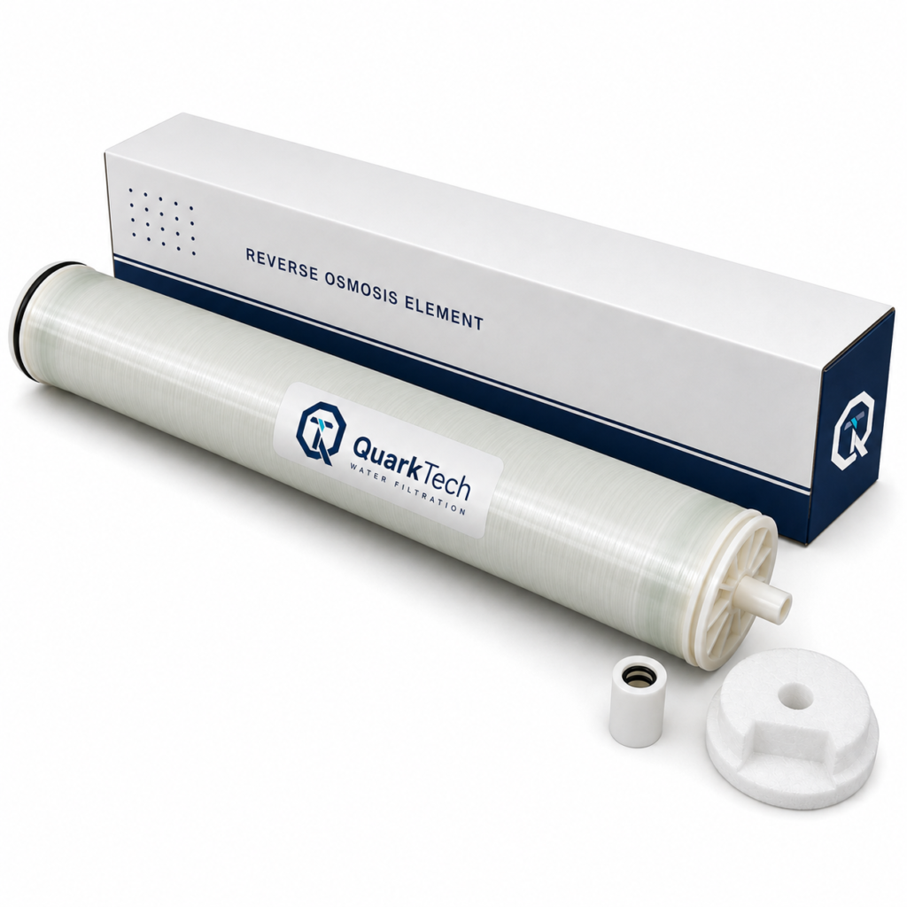Membrana QuarkTech QT-XLE-4040c con caja de empaque y accesorios sobre fondo blanco