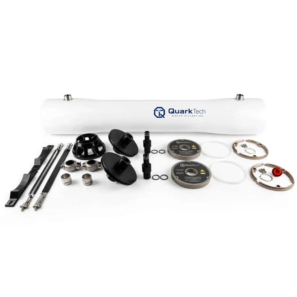 Portamembrana QuarkTech QTPVG-80S con componentes y accesorios para sistema de filtración de agua
