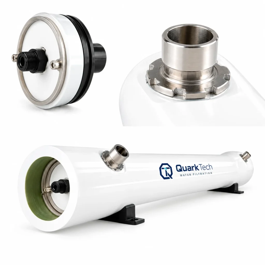 Portamembrana QuarkTech QTPVW-40S con detalles de conexiones y cuerpo para sistemas de filtración de agua